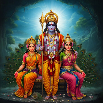Majestic depiction of Lord Murugan with his consorts Valli and Deivanai, seated gracefully on a peacock, symbolizing valor and divine grace