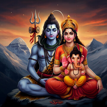 Vibrant portrayal of Lord Shiva, Goddess Parvati, and young Lord Ganesha surrounded by a serene Himalayan backdrop, symbolizing family divinity and cosmic harmony