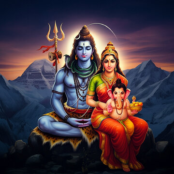 Divine family depiction of Lord Shiva, Goddess Parvati, and Lord Ganesha seated in the Himalayas, symbolizing unity, peace, and spiritual energy