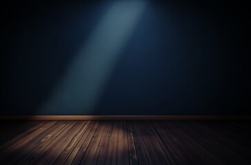 Empty room with spotlights Dark background with a wooden floor, a spotlight shining on the wall, a color scheme of dark blue and black, ultra-realistic photography
