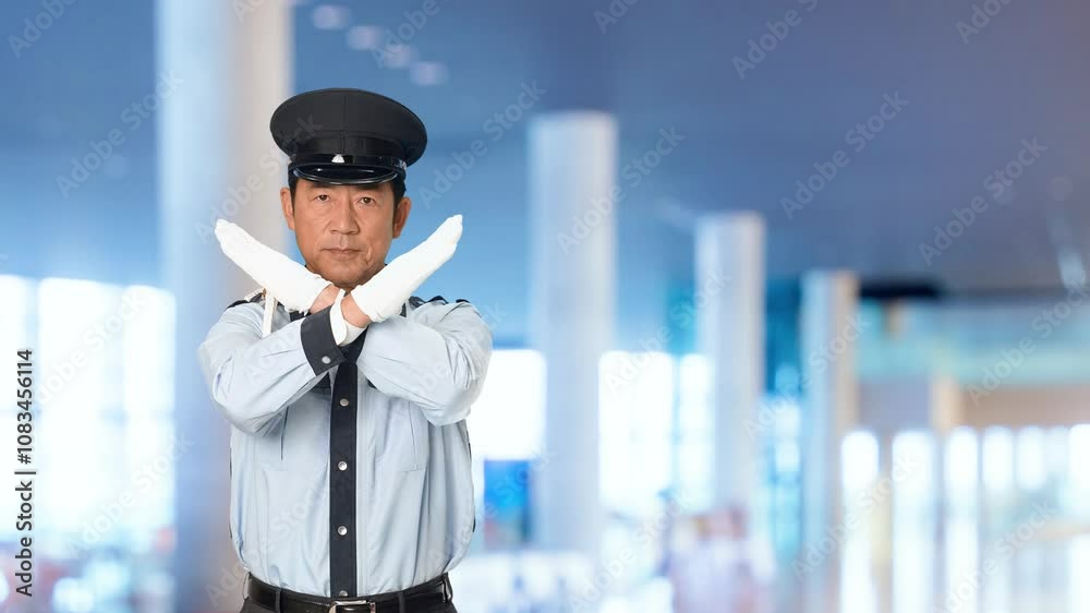 Leinwandbilder 警備員、警察官、男性、禁止、ストップ、バツ、違反、違法、ダメ、取り締まり、警備、セキュリティ、危険、リスク、立入禁止、日本人、罰則、法律、ルール、警備会社、防犯、防災、制服、守衛、ガードマン、門番、見張り、パトロール、監視、麻薬、覚醒剤、厳禁、間違い、NG、禁煙、お断り、上半身、通関、検問、仕事、規制、スローモーション、施設、ビル、ホール、ラウンジ、病院、イベント、公共施設、人物