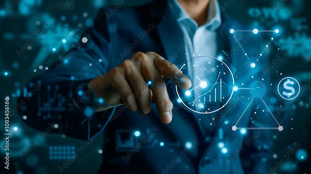 Poster businessman working with financial charts and graphs on the virtual screen.