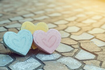 Obraz premium Colorful Heart Shapes on a Cobblestone Pathway During Sunset with Gentle Lighting and Soft Shadows Reflecting a Romantic Atmosphere and Playful Vibes
