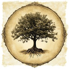 Fototapeta premium Antique frame enclosing sepia drawing of a large tree with exposed roots.