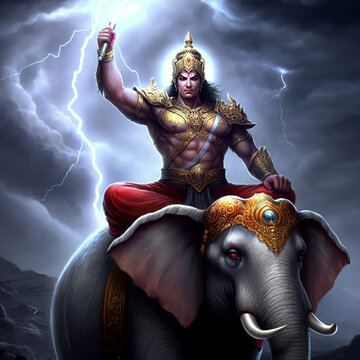 Powerful depiction of Lord Indra, the king of gods, seated atop his divine elephant Airavata, holding a lightning bolt, symbolizing authority and control over the heavens