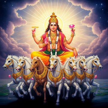 Illustrious portrayal of Surya, radiating energy and divinity, on his golden chariot, pulled by seven celestial horses under the expansive sky
