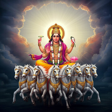 Surya, the embodiment of the Sun, depicted in a divine chariot, symbolizing vitality, enlightenment, and the eternal source of life in the universe