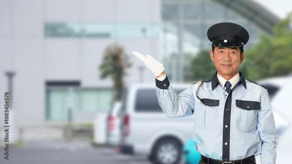 Fototapete 警備員、警察官、男性、グリーンバック、誘導、案内、警備、日本人、紹介、お知らせ、指す、URL、警官、交通整理、通行、合図、ガイド、告知、報告、見せる、提案、研修、教育、宣伝、広告、PR、おすすめ、勧める、説明、解説、セキュリティ、警備会社、防犯、制服、守衛、警察、交番、道案内、笑顔、職業、仕事、アルバイト、中年、ミドルエイジ、スローモーション、駐車場、駐車、自動車、パーキング、人物