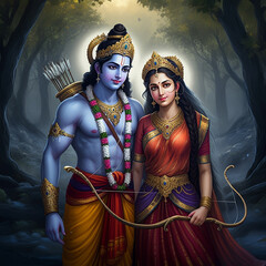 Lord Rama and Goddess Sita standing together in a sacred forest, representing their divine bond and harmony in nature
