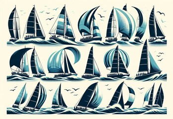 Fleet of eight sailboats racing in a windy regatta, showcasing a nautical challenge with dynamic sails against a plain background