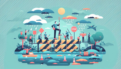 Illustration of community effort in raising flood barriers with teamwork and preparedness emphasized in vibrant vector style