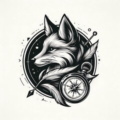Obraz premium Monochrome fox head with compass and feather.