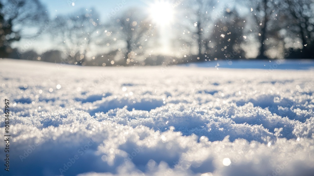 Poster close-up of sparkling snow under sunlight and falling snow