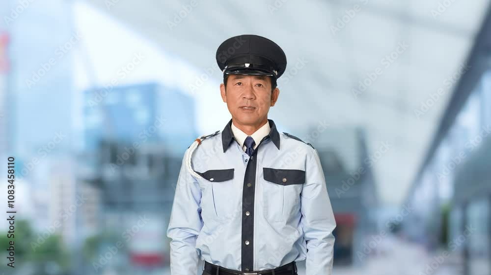 Leinwandbilder 警備員、警察官、セキュリティ、警察、会話、話す、職務質問、職質、防犯、声かけ、捜査、聞き込み、事情聴取、訪問、警備、警備会社、防災、パトロール、制服、守衛、ガードマン、門番、お巡りさん、交番、職業、仕事、アルバイト、中年、ミドルエイジ、男性、日本人、巡回、監視、取り締まり、見守り、安全、通報、警戒、カメラ目線、道案内、派遣、スローモーション、駅、駅前、都市、啓発、治安、社会、都会、人物