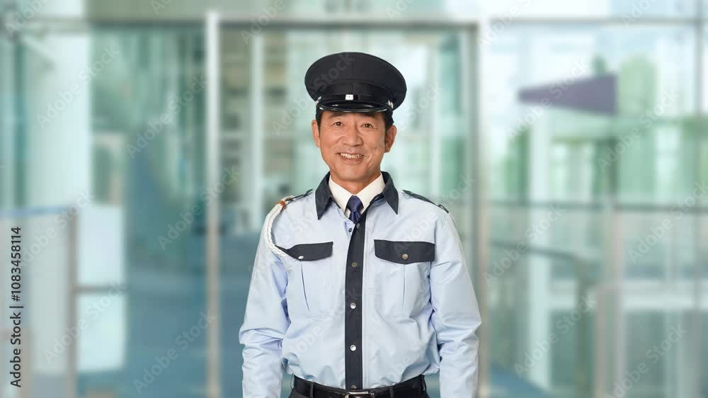 Fototapete 警備員、警察官、警官、セキュリティ、制服、警察、笑顔、日本人、優しい、警備、安心、安全、防犯、パトロール、警備会社、防災、守衛、ガードマン、門番、お巡りさん、交番、巡査、見張り、職業、仕事、アルバイト、中年、ミドルエイジ、男性、見回り、巡回、監視、取り締まり、見守り、通報、ポジティブ、訪問、交通整理、道案内、相談、公務員、スローモーション、ビル、エントランス、空港、施設、ホール、通路、イベント、人