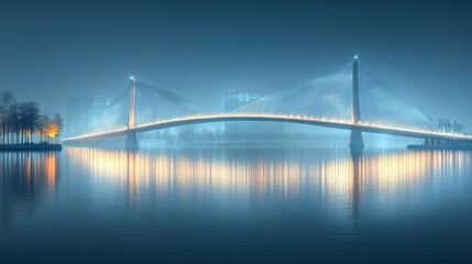 Fototapeta premium A serene bridge illuminated at night over a calm water body.