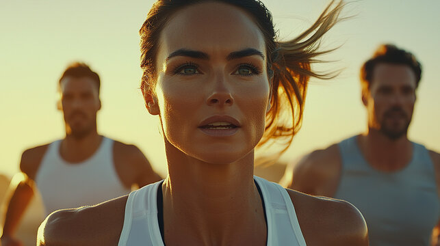 A close-up shot of a woman in her late thirties leading an outdoor running session with other young peopl
