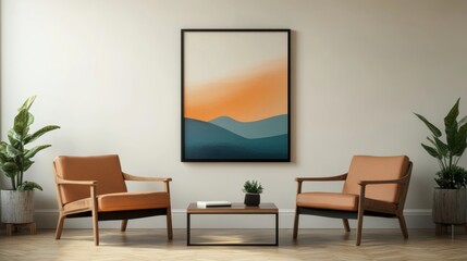 Frame mockup featuring ISO A paper size poster on a living room wall with minimalist modern furniture, 3D render