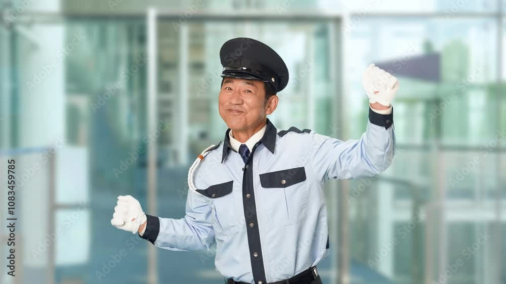 Fototapete 警備員、ダンス、警察官、警察、男性、踊る、警官、警備、DJポリス、歌う、楽しい、仕事、職業、アルバイト、守衛、取り締まり、パーティー、コスプレ、交通整理、セキュリティ、警備会社、防犯、防災、制服、ガードマン、演劇、ミュージカル、ステージ、ノリノリ、リズム、日本人、巡回、パトロール、安全、安心、音楽、ダンサー、嬉しい、上半身、喜ぶ、賃上げ、スローモーション、ビル、エントランス、施設、ホール、駅、通路