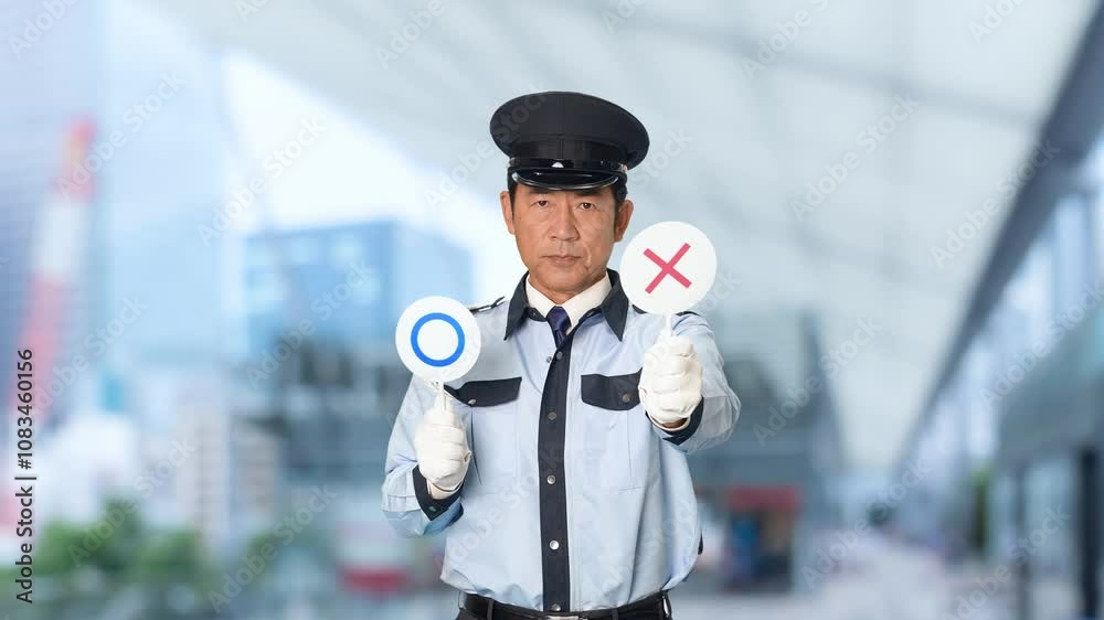 Aufkleber 警備員、警察官、セキュリティ、警察、パトロール、男性、NG、ダメ、警告、違反、違法、却下、ルール、法律、間違い、警備、警備会社、防犯、制服、守衛、税関、お巡りさん、交番、公務員、職員、巡査、職業、仕事、アルバイト、中年、ミドルエイジ、日本人、監視、取り締まり、見守り、安全、安心、通報、バツ、罰則、罰金、スローモーション、駅、駅前、都市、治安、社会、都会、繁華街、人物