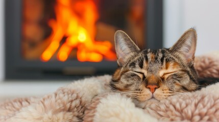 Obraz premium Tabby cat sleeping peacefully in front of a fireplace.