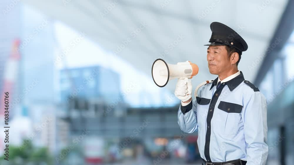 Leinwandbilder 警備員、警察官、セキュリティ、警察、男性、拡声器、誘導、交通整理、案内、スピーカー、DJポリス、イベント、警官、警備、警備会社、防犯、制服、職業、仕事、アルバイト、中年、ミドルエイジ、日本人、混雑、パトロール、監視、取り締まり、見守り、安全、号令、叫ぶ、大声、応援、注意、警告、交渉、人質、立てこもり、ネゴシエーター、上半身、呼びかけ、スローモーション、駅、駅前、都市、治安、社会、都会、繁華街、人物