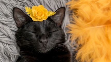 Naklejka premium Black cat with a yellow flower crown sleeping on a fluffy surface.
