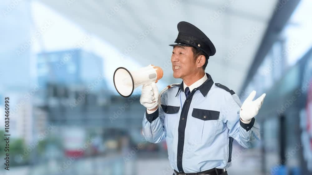 Fototapete 警備員、警察官、男性、警察、人物、拡声器、スピーカー、誘導、DJポリス、交通整理、イベント、混雑、案内、ガイド、応援、セキュリティ、警備、警備会社、防犯、防災、制服、守衛、職業、仕事、アルバイト、中年、ミドルエイジ、日本人、パトロール、監視、取り締まり、見守り、安全、安心、ダンス、踊る、歌う、呼びかけ、注意、警戒、警告、笑顔、スローモーション、駅、駅前、都市、治安、社会、都会、繁華街