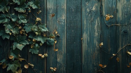 Rustic wooden background with accents of green and dried leaves