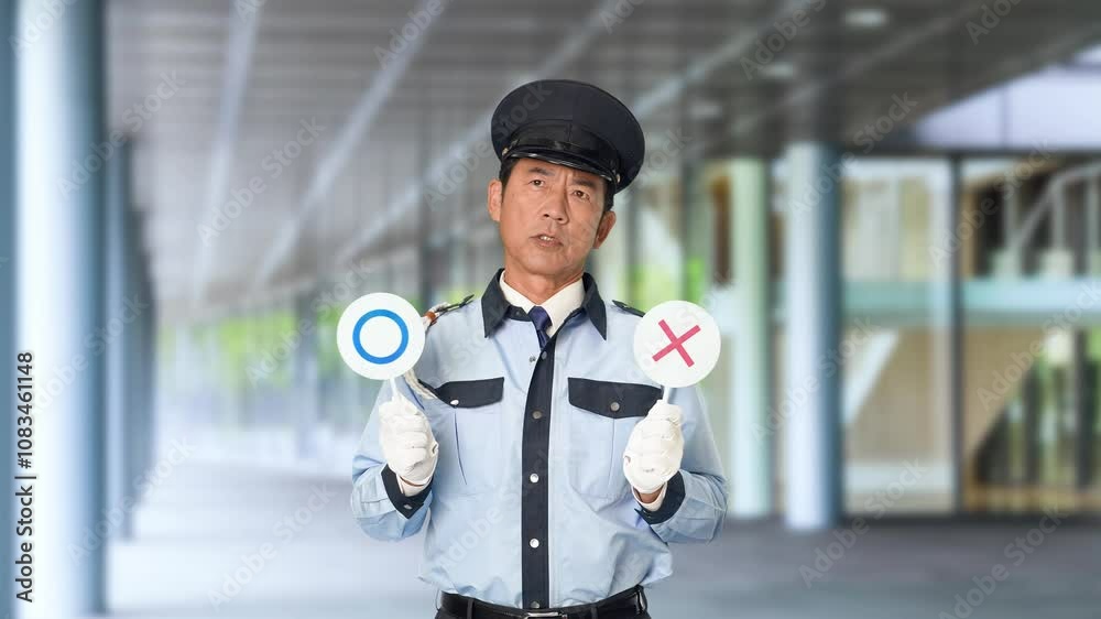 Poster 警備員、警察、警察官、男性、パトロール、制服、セキュリティ、ルール、マルバツ、法律、違反、違法、判断、日本人、迷う、司法、取り締まり、警備、警備会社、防犯、防災、守衛、税関、交番、公務員、職員、職業、仕事、アルバイト、中年、ミドルエイジ、監視、見守り、安全、安心、通報、正解、質問、疑問、悩む、考える、スローモーション、通路、病院、ビル、施設、役所、エントランス、入口、人物