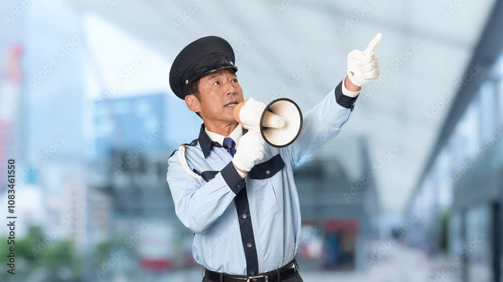Leinwandbilder 警備員、パトロール、セキュリティ、男性、拡声器、誘導、交通整理、案内、スピーカー、DJポリス、イベント、警官、警察、警備、警備会社、警察官、防犯、制服、職業、仕事、アルバイト、中年、ミドルエイジ、日本人、混雑、監視、取り締まり、見守り、安全、号令、叫ぶ、大声、応援、注意、警告、交渉、人質、立てこもり、ネゴシエーター、上半身、呼びかけ、スローモーション、駅、駅前、都市、治安、社会、都会、繁華街、人物