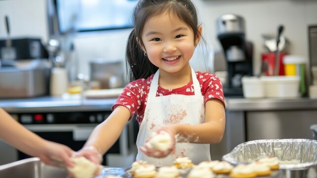 Little girl in aprons making cookies on weekend at home,Happy family,prepare dough and use cooking utensils,National Cookie Day,holiday and celebration concept.