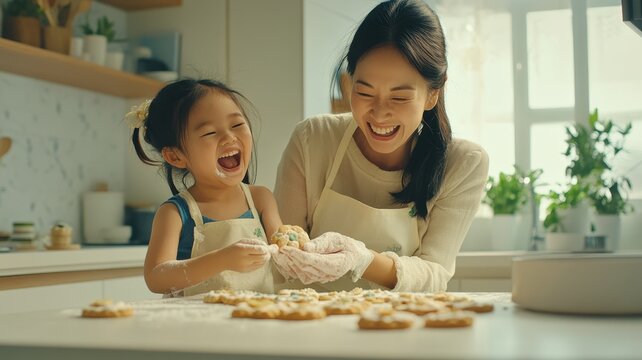 Mother and helpful little daughters in aprons making cookies on weekend at home,Happy family,prepare dough and use cooking utensils,National Cookie Day.
