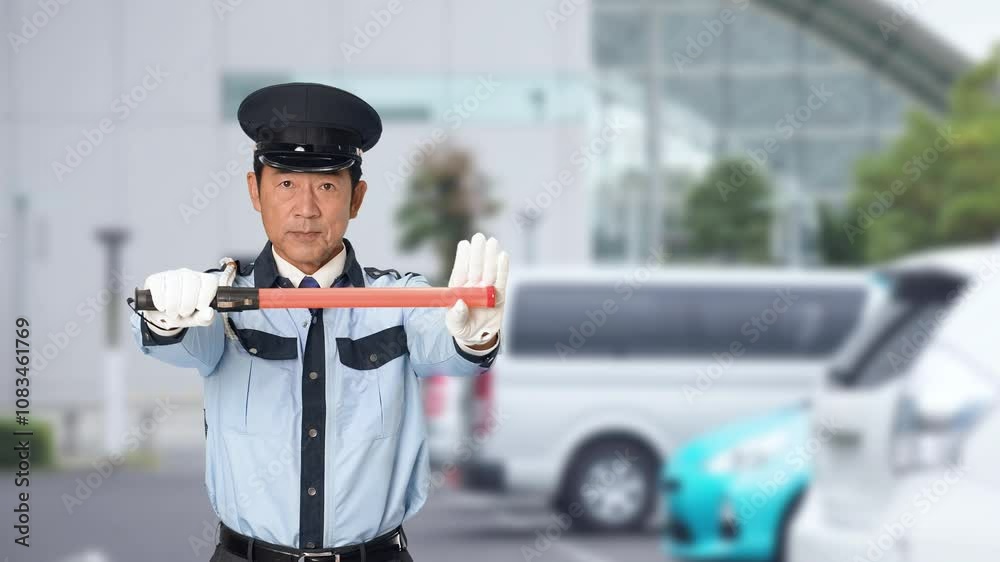 Aufkleber 警備員、パトロール、セキュリティ、交通整理、誘導、誘導灯、工事現場、通行止め、男性、ストップ、立入禁止、警察官、警察、止める、制止、警備、警備会社、防犯、防災、制服、守衛、駐車場、イベント、施設、管理、満車、職業、仕事、アルバイト、中年、ミドルエイジ、日本人、巡回、監視、取り締まり、見守り、安全、片側相互通行、注意、規制、工事、建設、停止、スローモーション、駐車、自動車、パーキング、ビル、都市、人