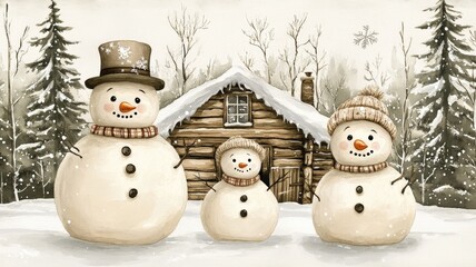 Obraz premium Charming snowman family enjoying a winter day in rustic cabin watercolor art cozy snowy landscape family concept