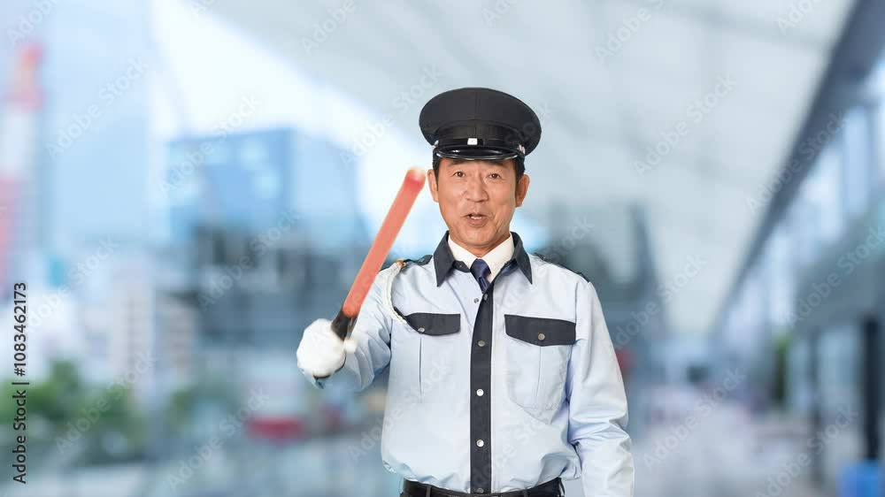 Leinwandbilder 警備員、交通整理、誘導、警備、交通、男性、道路、安全、誘導灯、工事現場、建設、駐車場、案内、通行止め、検問、規制、セキュリティ、警察、警察官、警備会社、防犯、職業、仕事、アルバイト、中年、ミドルエイジ、日本人、取り締まり、見守り、ガイド、笑顔、制服、イベント、守衛、管理人、通行、働く、片側交互通行、工事、事件、事故、スローモーション、駅、駅前、都市、治安、社会、都会、繁華街、人物