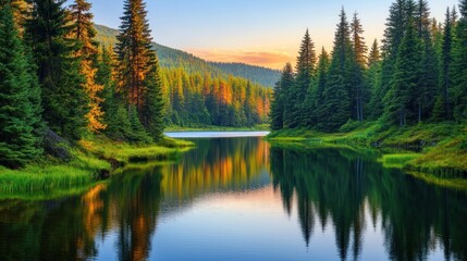 Obraz premium A tranquil lake nestled amidst a vibrant forest, reflecting the sunset sky.