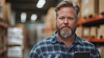 Warehouse manager using tablet for inventory tracking industrial environment professional viewpoint efficiency concept