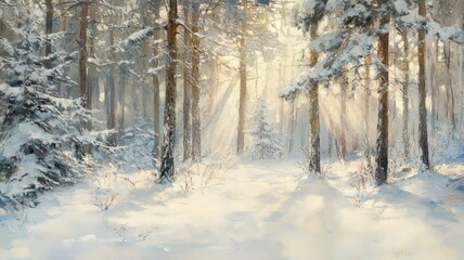 A serene winter landscape captures a sun-drenched forest with snow covered ground,Snowy tunnel, highlighting the peaceful beauty and tranquility of nature,winter season.