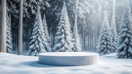 Cylinder podium with serene winter landscape background,Snowy tunnel, highlighting the peaceful beauty and tranquility of nature,winter season,cosmetic,product,sale,space for text.