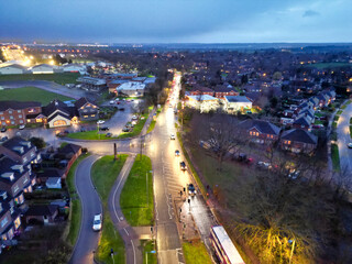 High Angle Night View of Illuminated Welwyn Garden City of England United Kingdom. Aerial Footage Was Captured with Drone's Camera During Night on March 1st, 2024