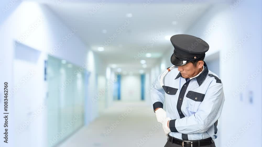 Poster 警察官、警察、パトロール、警官、手錠、逮捕、犯罪、違法、違反、法律、リスク、危険、権利、お巡りさん、交番、巡査、職業、仕事、アルバイト、中年、ミドルエイジ、男性、日本人、見回り、監視、取り締まり、拘束、拘置所、留置所、連行、職質、職務質問、現行犯、窃盗、痴漢、詐欺、警告、刑事、事件、刑法、警戒、スローモーション、通路、病院、ビル、施設、役所、エントランス、入口、人物