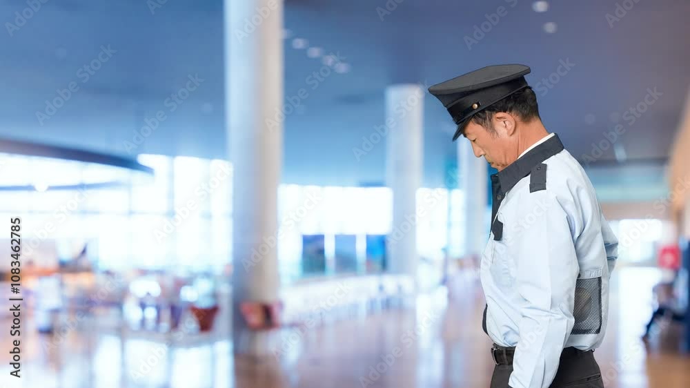 Leinwandbilder 警察官、警察、警備員、パトロール、男性、警官、セキュリティ、制服、警備、日本人、見張り、守衛、門番、監視、警戒、見守り、立つ、横顔、検問、警備会社、防犯、防災、ガードマン、お巡りさん、交番、巡査、保安、職業、仕事、アルバイト、中年、ミドルエイジ、見回り、巡回、取り締まり、安全、イベント、税関、通関、公務員、ホームセキュリティ、スローモーション、施設、ビル、ホール、レストラン、ラウンジ、病院、美術館