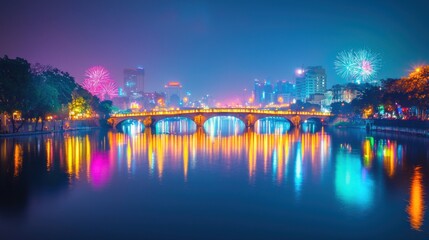 Fototapeta premium Fireworks celebration over historic bridge in hanoi vietnam at night