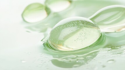 Closeup of Green skincare,A drop of transparent cosmetic gel on a green background,product liquid bubble,serum drops scattered ,Collagen gel,Aloe Vera cosmetic gel,The concept of natural cosmetics.