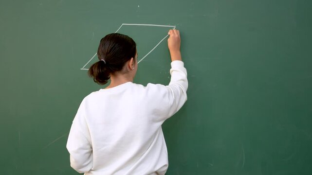 Teenager school girl drawing geometric figure on board in math class