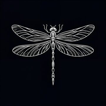 Minimalist white dragonfly in thin lines on black background