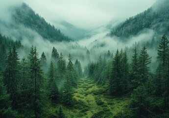 Obraz premium Misty mountain valley with lush evergreen forest.