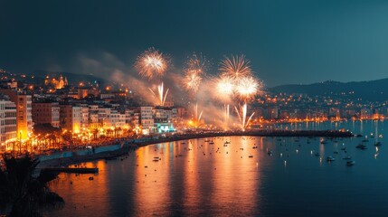 Fireworks celebration over coastal city nighttime aerial view festive atmosphere