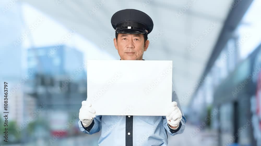 Fototapete 警備員、男性、警察、守衛、メッセージ、ボード、フリップ、警察官、日本人、歓迎、出迎え、案内、ガイド、告知、お知らせ、白紙、カード、セキュリティ、警備、警備会社、防犯、防災、制服、職業、仕事、アルバイト、中年、ミドルエイジ、パトロール、交通安全、取り締まり、見守り、安全、安心、教室、説明、紹介、広告、宣伝、教育、標語、スローガン、スローモーション、駅、駅前、都市、治安、社会、都会、人物
